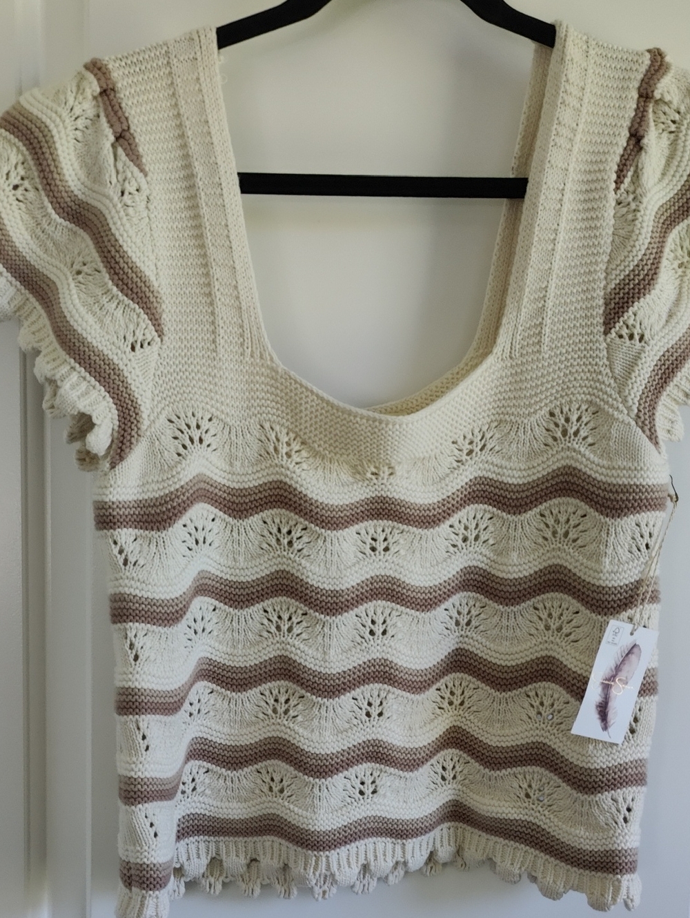 Jessica Simpson Crochet Wave Stripe Sweater Top in Cream and Taupe